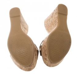 Stuart Weitzman Gold Leather Overit Cork Wedge Mules Sandals 38.5