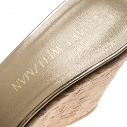 Stuart Weitzman Gold Leather Overit Cork Wedge Mules Sandals 38.5