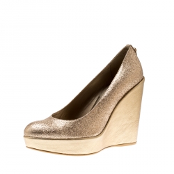  Stuart Weitzman Metallic Gold Glitter Platform Wedges Pumps Size 38