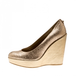  Stuart Weitzman Metallic Gold Glitter Platform Wedges Pumps Size 38