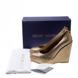  Stuart Weitzman Metallic Gold Glitter Platform Wedges Pumps Size 38