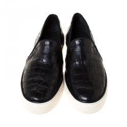  Stuart Weitzman Black Croc Embossed Leather Nuggets Slip On Sneakers Size 38.5