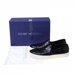  Stuart Weitzman Black Croc Embossed Leather Nuggets Slip On Sneakers Size 38.5