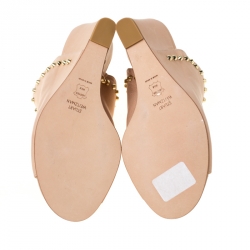 Stuart Weitzman Beige Leather Upfrontal Stud Trim Peep Toe Wedge Mules Size 38.5