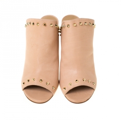 Stuart Weitzman Beige Leather Upfrontal Stud Trim Peep Toe Wedge Mules Size 38.5