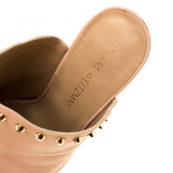 Stuart Weitzman Beige Leather Upfrontal Stud Trim Peep Toe Wedge Mules Size 38.5