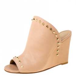 Stuart Weitzman Beige Leather Upfrontal Stud Trim Peep Toe Wedge Mules Size 38.5