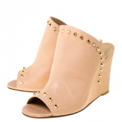 Stuart Weitzman Beige Leather Upfrontal Stud Trim Peep Toe Wedge Mules Size 38.5