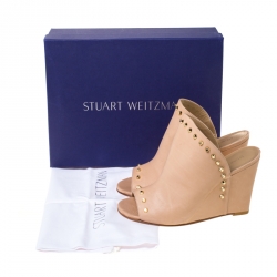 Stuart Weitzman Beige Leather Upfrontal Stud Trim Peep Toe Wedge Mules Size 38.5