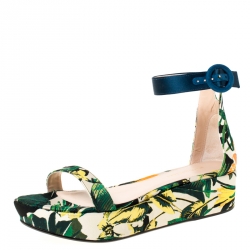 Stuart Weitzman Multicolor Botanic Jacquard Fabric Capri Ankle Strap Platform Sandals Size 38