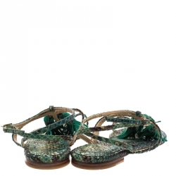 Stuart Weitzman Two Tone Python Embossed Leather Tassel Detail Strappy Flat Sandals Size 38