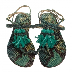Stuart Weitzman Two Tone Python Embossed Leather Tassel Detail Strappy Flat Sandals Size 38
