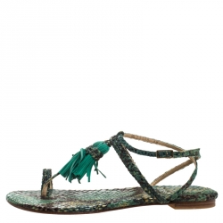 Stuart Weitzman Two Tone Python Embossed Leather Tassel Detail Strappy Flat Sandals Size 38