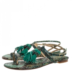 Stuart Weitzman Two Tone Python Embossed Leather Tassel Detail Strappy Flat Sandals Size 38