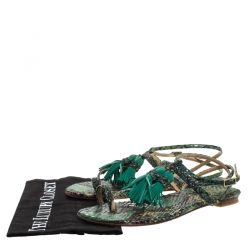 Stuart Weitzman Two Tone Python Embossed Leather Tassel Detail Strappy Flat Sandals Size 38