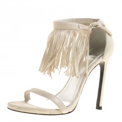 Stuart Weitzman Beige Suede Love Fringe Ankle Strap Open Toe Sandals Size 37