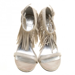 Stuart Weitzman Beige Suede Love Fringe Ankle Strap Open Toe Sandals Size 37