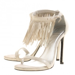 Stuart Weitzman Beige Suede Love Fringe Ankle Strap Open Toe Sandals Size 37