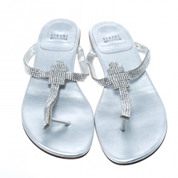 Stuart Weitzman Silver Leather Vanity Crystal Encrusted T Strap Flat Sandals Size 39.5