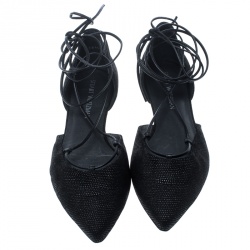 Stuart Weitzman Black Pyrite Fabric Giligan Lace Up Ballet Flats Size 40.5