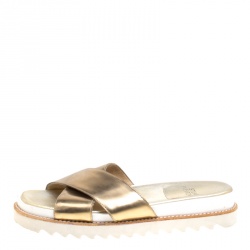 Stuart Weitzman Metallic Gold Leather Crisscross Slides Sandals Size 37