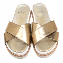 Stuart Weitzman Metallic Gold Leather Crisscross Slides Sandals Size 37