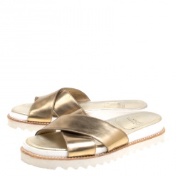 Stuart Weitzman Metallic Gold Leather Crisscross Slides Sandals Size 37