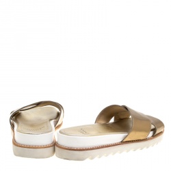 Stuart Weitzman Metallic Gold Leather Crisscross Slides Sandals Size 37