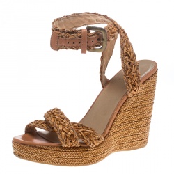 Stuart Weitzman Beige Leather and Raffia Braided Ankle Wrap Platform Wedge Sandals Size 38.5