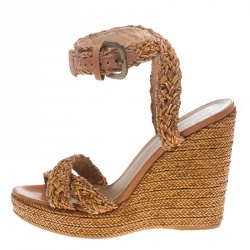 Stuart Weitzman Beige Leather and Raffia Braided Ankle Wrap Platform Wedge Sandals Size 38.5