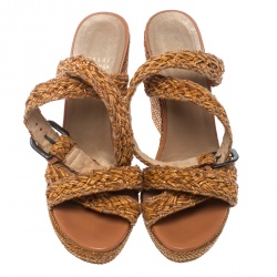 Stuart Weitzman Beige Leather and Raffia Braided Ankle Wrap Platform Wedge Sandals Size 38.5