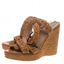 Stuart Weitzman Beige Leather and Raffia Braided Ankle Wrap Platform Wedge Sandals Size 38.5