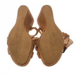 Stuart Weitzman Beige Leather and Raffia Braided Ankle Wrap Platform Wedge Sandals Size 38.5