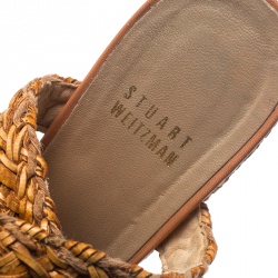 Stuart Weitzman Beige Leather and Raffia Braided Ankle Wrap Platform Wedge Sandals Size 38.5