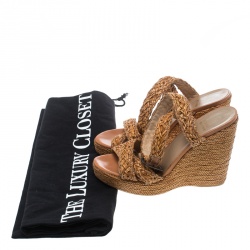Stuart Weitzman Beige Leather and Raffia Braided Ankle Wrap Platform Wedge Sandals Size 38.5