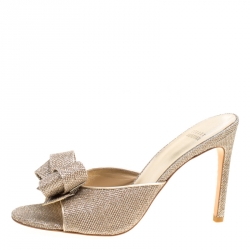 Stuart Weitzman Metallic Glitter Fabric Bobosong Bow Detail Peep Toe Slides Size 40