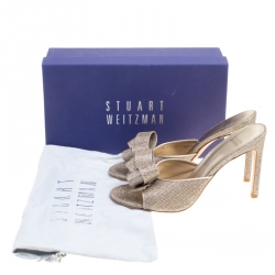 Stuart Weitzman Metallic Glitter Fabric Bobosong Bow Detail Peep Toe Slides Size 40