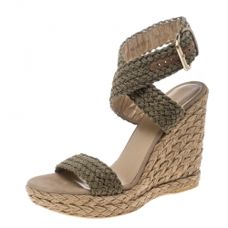 Stuart Weitzman Khaki Crochet Alex Ankle Halter Wrap Espadrille Wedge Sandals Size 38
