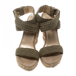 Stuart Weitzman Khaki Crochet Alex Ankle Halter Wrap Espadrille Wedge Sandals Size 38