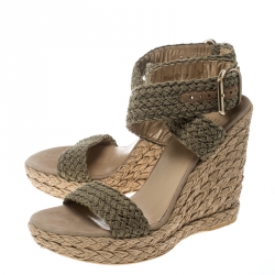 Stuart Weitzman Khaki Crochet Alex Ankle Halter Wrap Espadrille Wedge Sandals Size 38