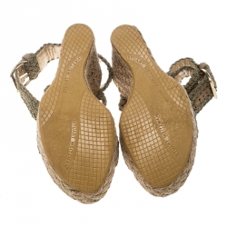 Stuart Weitzman Khaki Crochet Alex Ankle Halter Wrap Espadrille Wedge Sandals Size 38