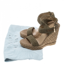 Stuart Weitzman Khaki Crochet Alex Ankle Halter Wrap Espadrille Wedge Sandals Size 38