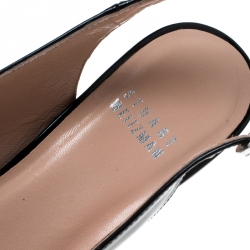 Pre Owned صندل ستيوارت وايتزمان فتحة كعب نعل روكي فيلين مقدمة مفتوحة جين جلد لامع أسود مقاس 36