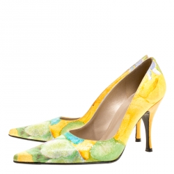 Stuart Weitzman Yellow Multicolor Shimmering Printed Fabric Pumps Size 37