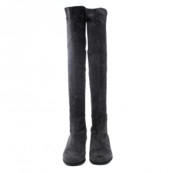 Stuart Weitzman Grey/Black Suede and Fabric 50:50 Knee High Boots Size 37
