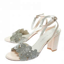 Stuart Weitzman Beige Leather Chain Reaction Ankle Strap Sandals Size 37.5