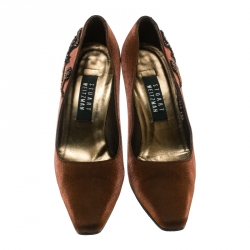 Pre Owned Stuart Weitzman Metallic Brown Fabric Square Toe Pumps Size 37.5