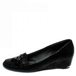 Stuart Weitzman Black Python Embossed Leather Wedge Tassel Detail Loafers Pumps Size 41