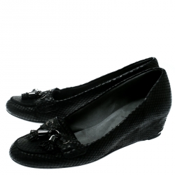 Stuart Weitzman Black Python Embossed Leather Wedge Tassel Detail Loafers Pumps Size 41