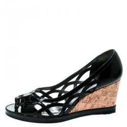 Pre Owned Stuart Weitzman Black Patent Leather Cutout Wedges Pumps Size 38.5